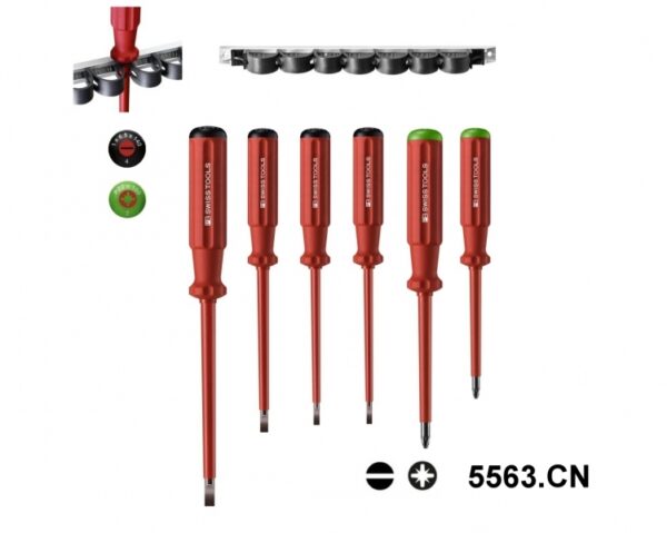 PB 5563.CN ชุดไขควงหุ้มฉนวน VDE ปากแบน-ปากแฉก 6 ตัว/ชุด พร้อมที่แขวนผนัง