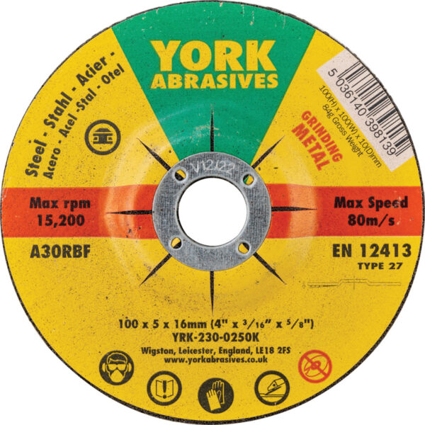 Grinding Disc, 100 x 5 x 16mm, Type 27, 30-Medium/Coarse, Aluminium Oxide