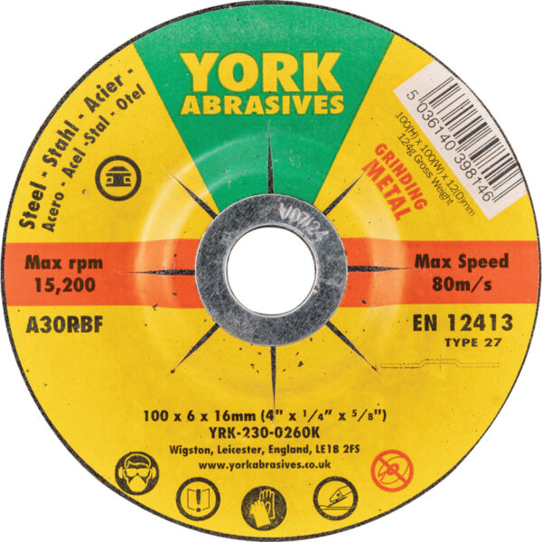 Grinding Disc, 100 x 6 x 16mm, Type 27, 30-Medium/Coarse, Aluminium Oxide