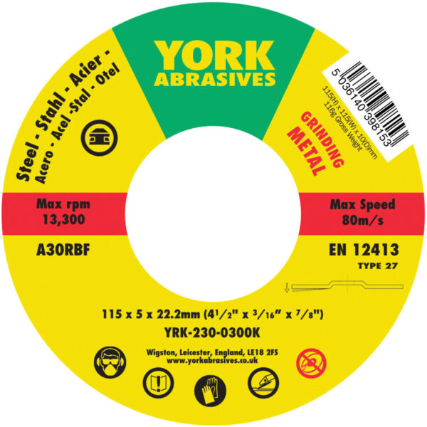 Grinding Disc, 115 x 5 x 22mm, Type 27, 30-Medium/Coarse, Aluminium Oxide