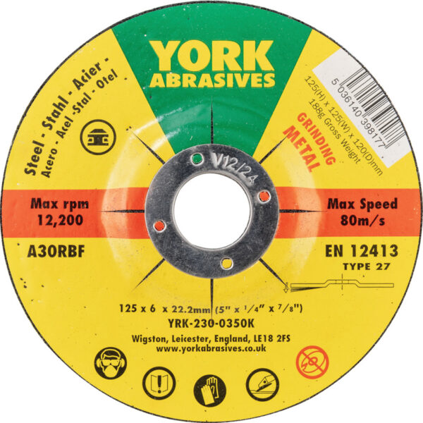 Grinding Disc, 125 x 6 x 22mm, Type 27, 30-Medium/Coarse, Aluminium Oxide