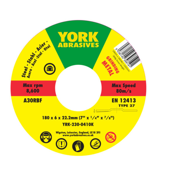 Grinding Disc, 180 x 6 x 22mm, Type 27, 30-Medium/Coarse, Aluminium Oxide