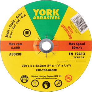 Grinding Disc, 230 x 6 x 22mm, Type 27, 30-Medium/Coarse, Aluminium Oxide