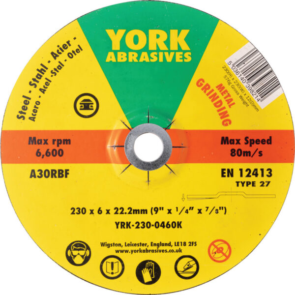 Grinding Disc, 230 x 6 x 22mm, Type 27, 30-Medium/Coarse, Aluminium Oxide