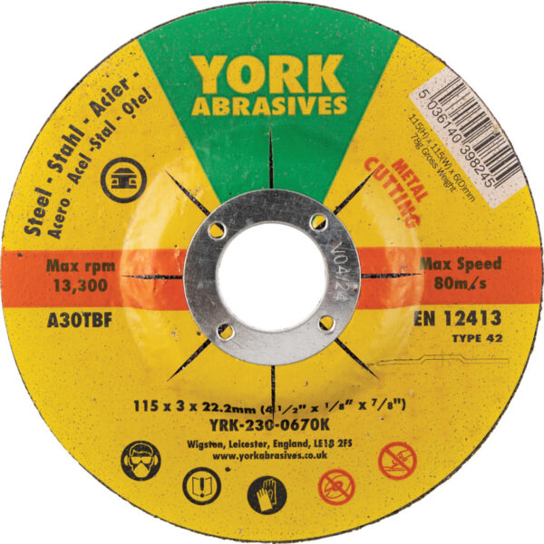 Cutting Disc, 30-Medium/Coarse, 115 x 3 x 22.23mm, Type 42, Aluminium Oxide