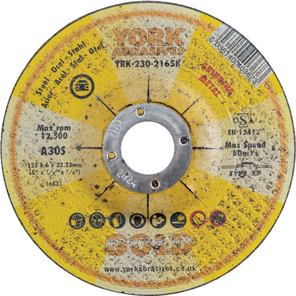 Grinding Disc, 125 x 6 x 22mm, Type 27, 30-Medium/Coarse, Aluminium Oxide