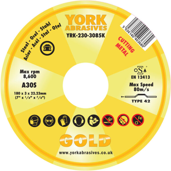 Cutting Disc, 30-Medium/Coarse, 180 x 3 x 22.23mm, Type 42, Aluminium Oxide