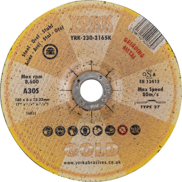 Grinding Disc, 115 x 6 x 22mm, Type 27, 30-Medium/Coarse, Aluminium Oxide
