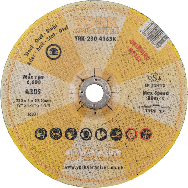 Grinding Disc, 230 x 6 x 22mm, Type 27, 30-Medium/Coarse, Aluminium Oxide