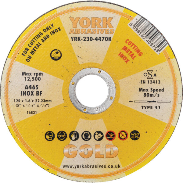 Cutting Disc, 46-Fine/Medium, 125 x 1.6 x 22.23mm, Type 41, Aluminium Oxide