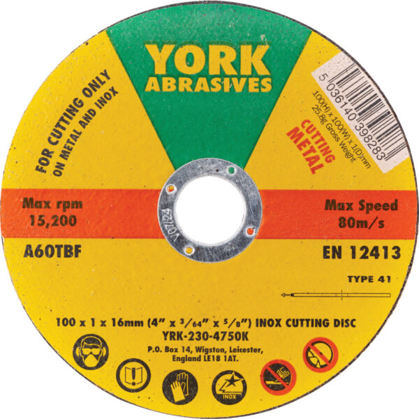 Cutting Disc, 60-Fine, 100 x 1 x 16mm, Type 41, Aluminium Oxide