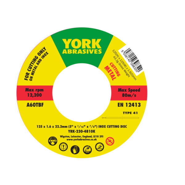 Cutting Disc, 60-Fine, 125 x 1.6 x 22.23mm, Type 41, Aluminium Oxide