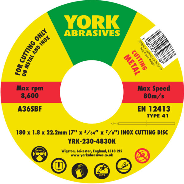 Cutting Disc, 36-Medium, 180 x 1.8 x 22.23mm, Type 41, Aluminium Oxide