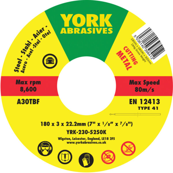 Cutting Disc, 30-Medium/Coarse, 180 x 3 x 22.23mm, Type 41, Aluminium Oxide