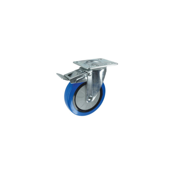 BRAKED SWIVEL PLATE 125mm BLUE RUBBER TYRE