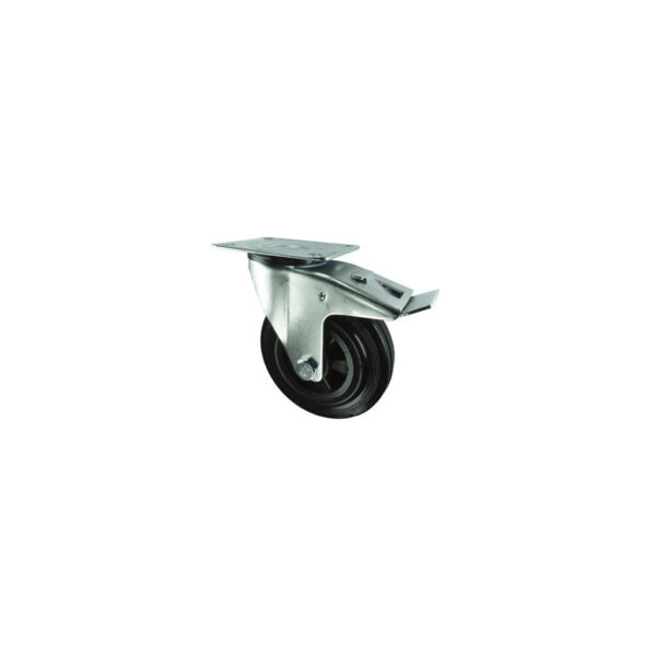 BRAKED SWIVEL PLATE 160mm RUBBER TYRE; POLY CENTRE
