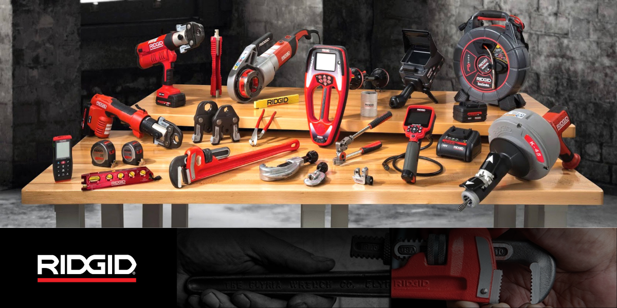 Ridgid a table with different tools on it